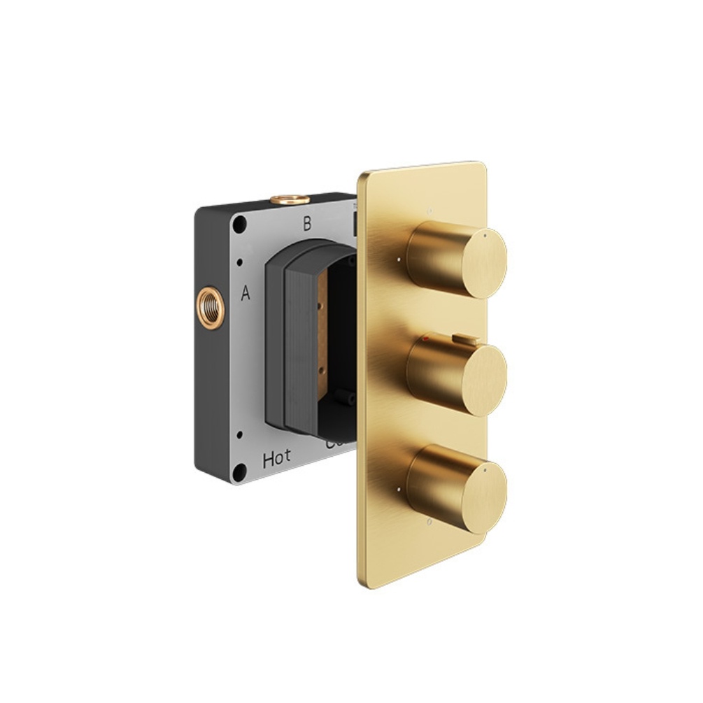 Product cut out image of the Abacus Iso Brushed Brass 3 Outlet 3 Handle Thermostatic Shower Valve